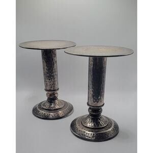 Vintage Set Of 2 Pillar Candle Holders Silver Plated Hand Hammered Made In India
